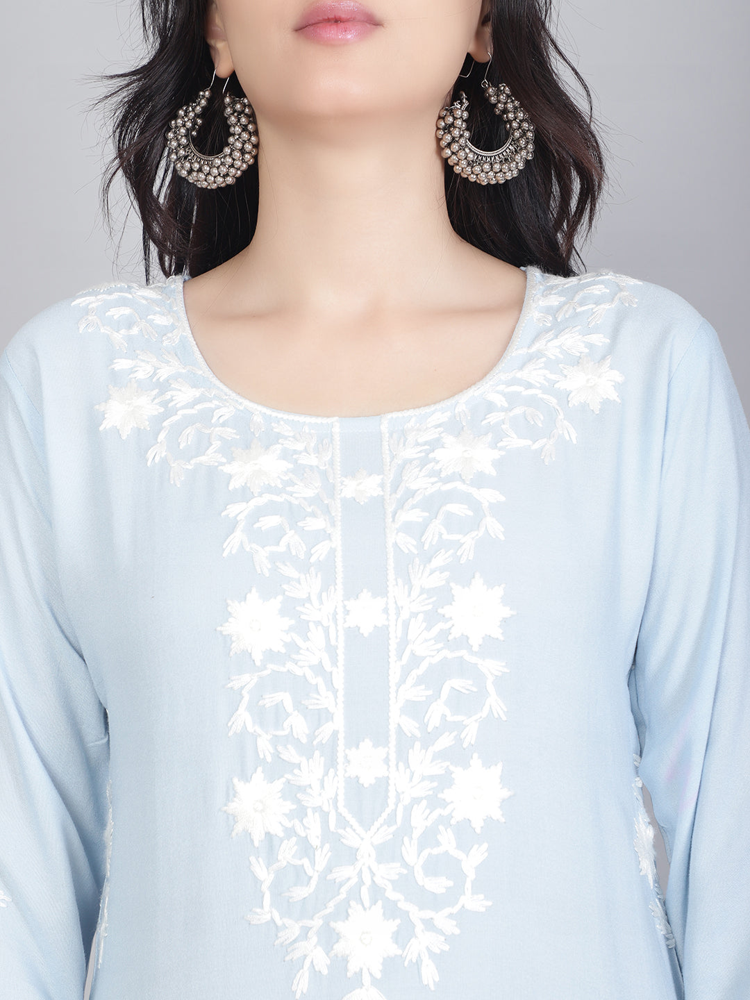 Hand Embroidered Lucknowi Kurti | Elegant Rayon Long Kurta for Women