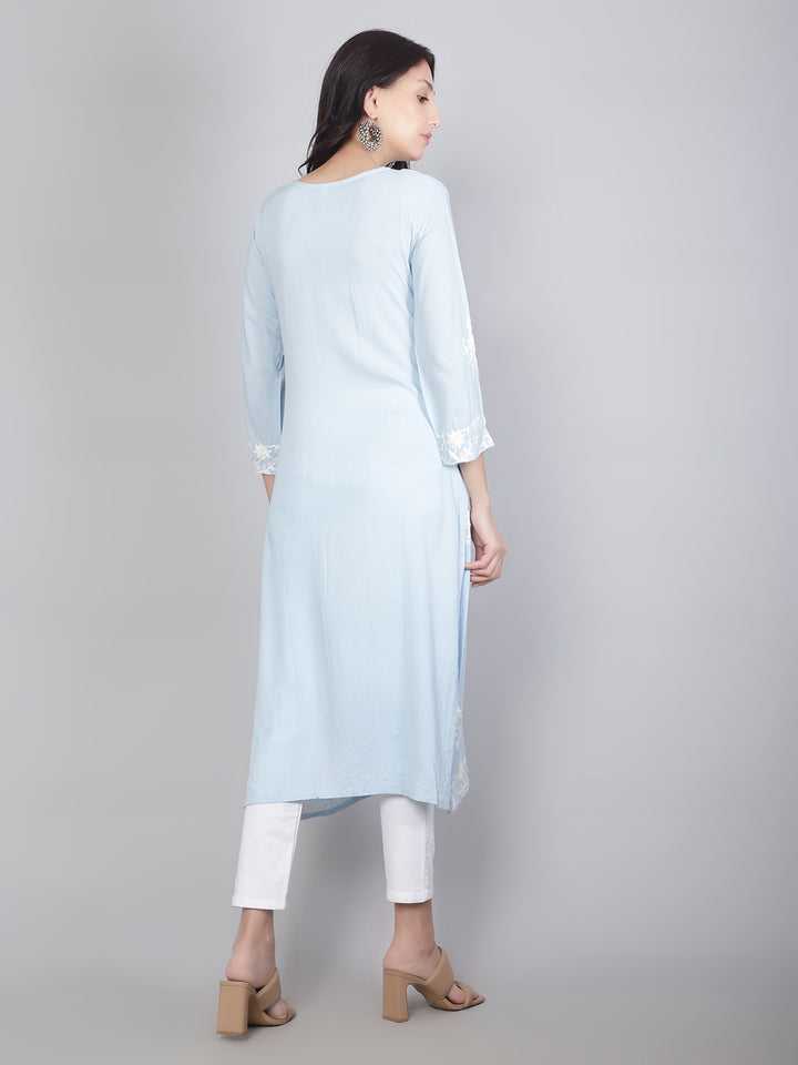 Hand Embroidered Lucknowi Kurti | Elegant Rayon Long Kurta for Women
