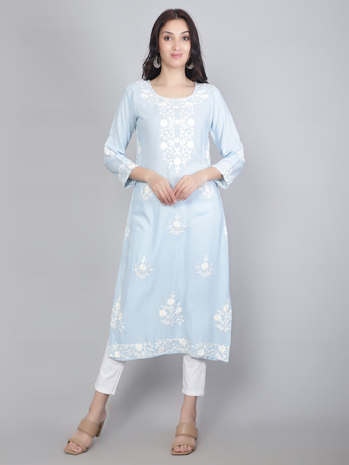 Hand Embroidered Lucknowi Kurti | Elegant Rayon Long Kurta for Women