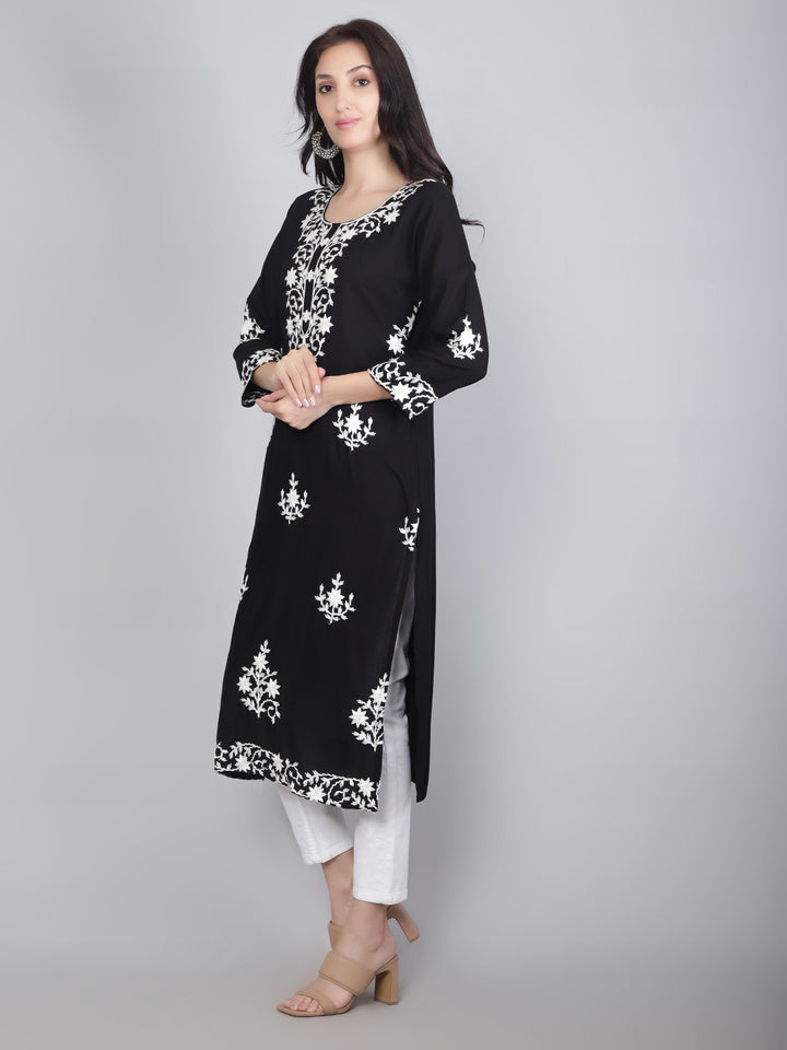 Hand Embroidered Lucknowi Kurti | Elegant Rayon Long Kurta for Women