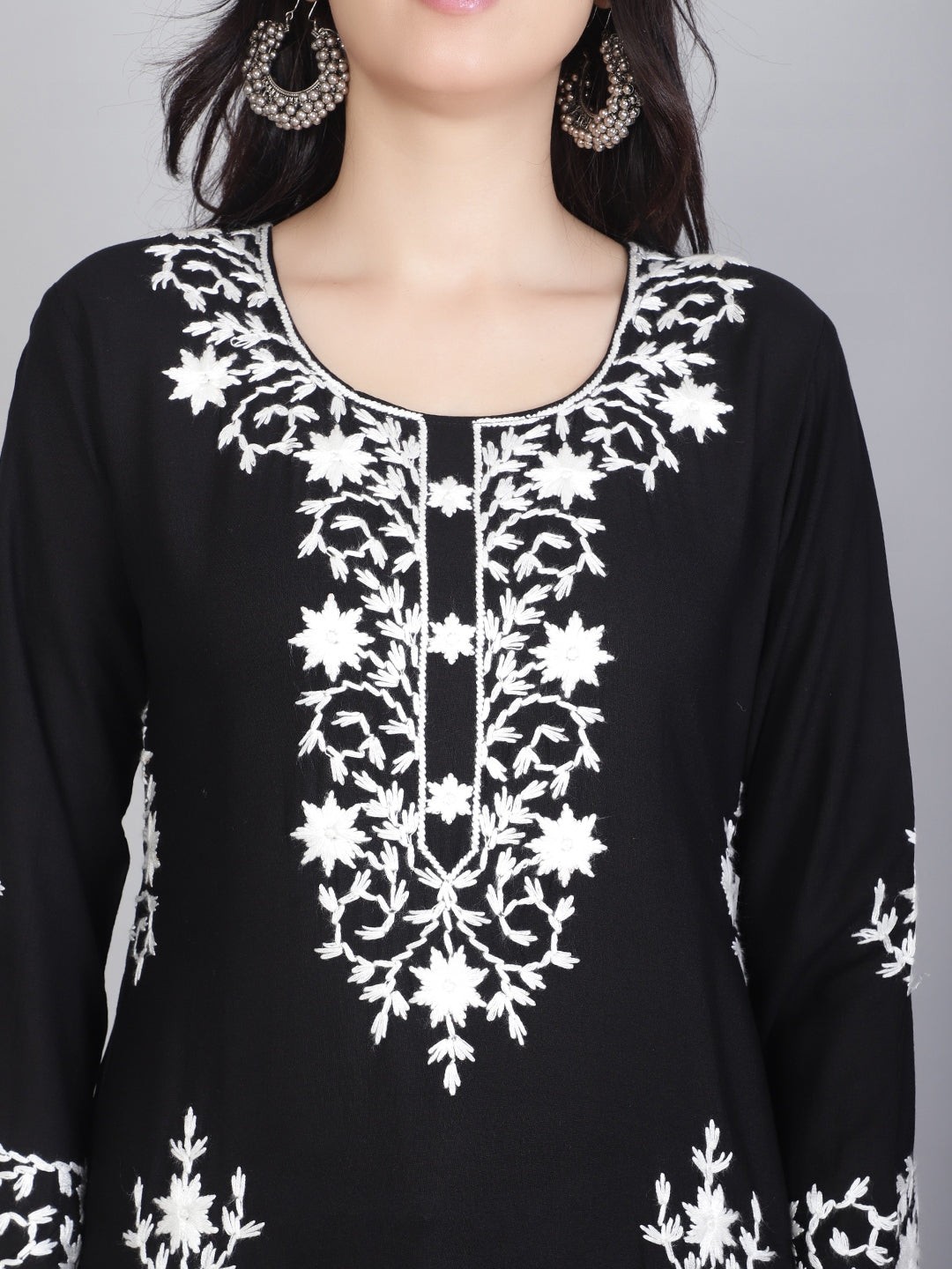 Hand Embroidered Lucknowi Kurti | Elegant Rayon Long Kurta for Women