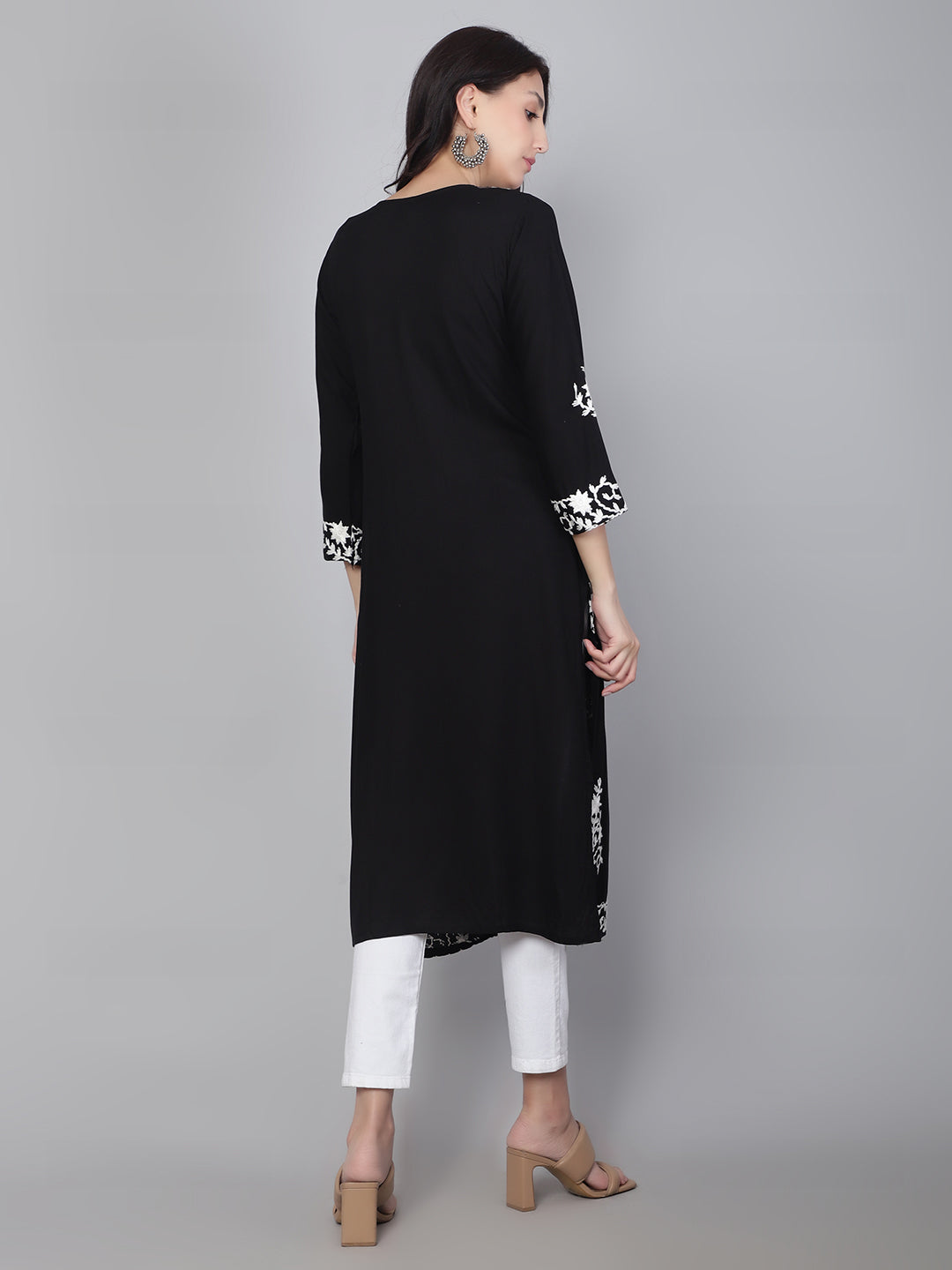 Hand Embroidered Lucknowi Kurti | Elegant Rayon Long Kurta for Women