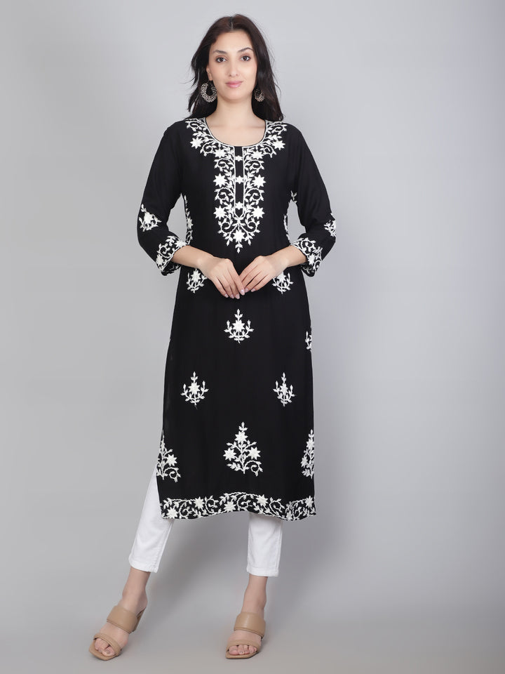 Hand Embroidered Lucknowi Kurti | Elegant Rayon Long Kurta for Women
