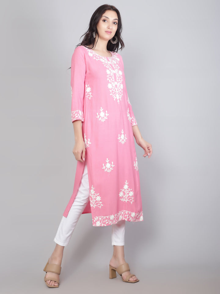 Hand Embroidered Lucknowi Kurti | Elegant Rayon Long Kurta for Women