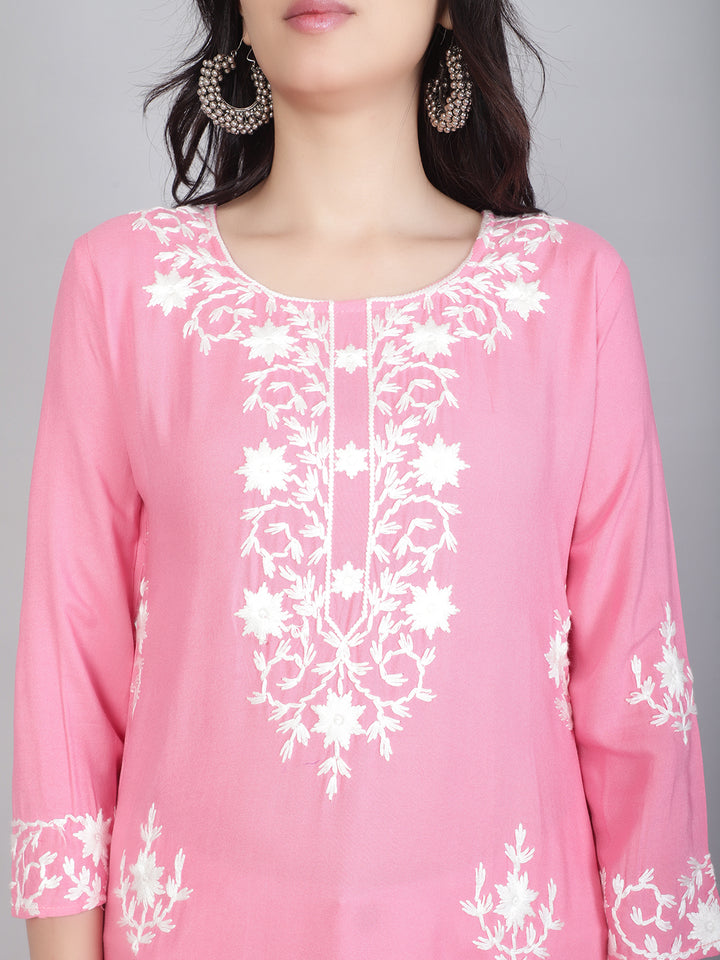 Hand Embroidered Lucknowi Kurti | Elegant Rayon Long Kurta for Women