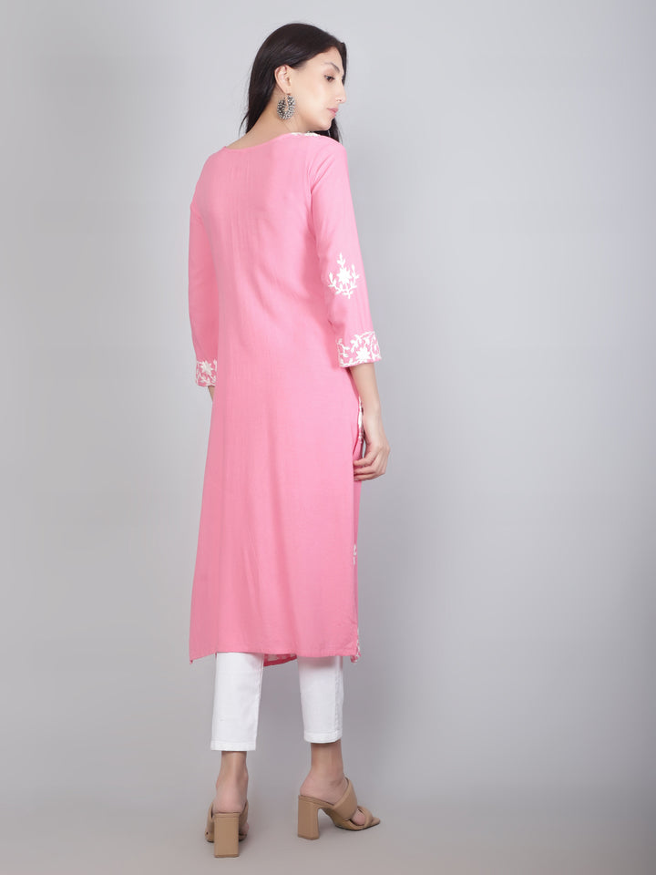 Hand Embroidered Lucknowi Kurti | Elegant Rayon Long Kurta for Women
