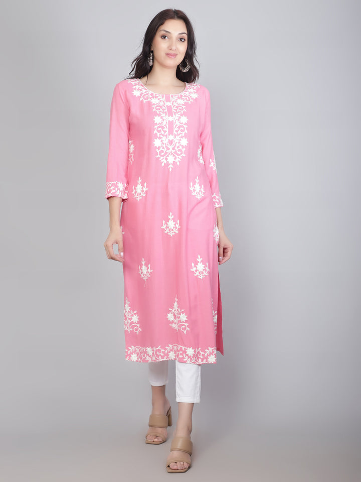 Hand Embroidered Lucknowi Kurti | Elegant Rayon Long Kurta for Women