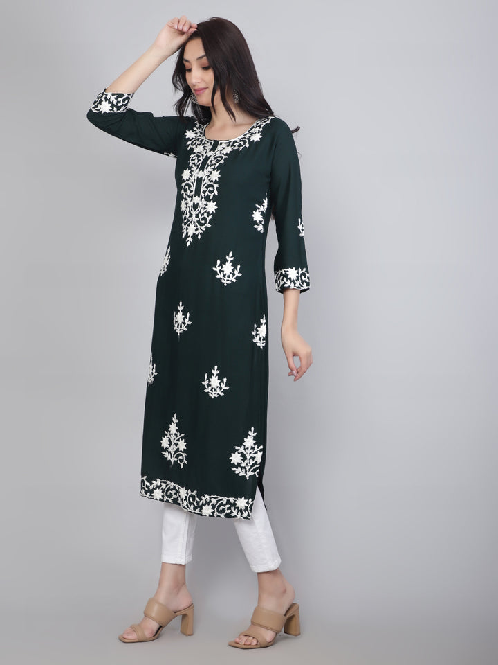 Hand Embroidered Lucknowi Kurti | Elegant Rayon Long Kurta for Women