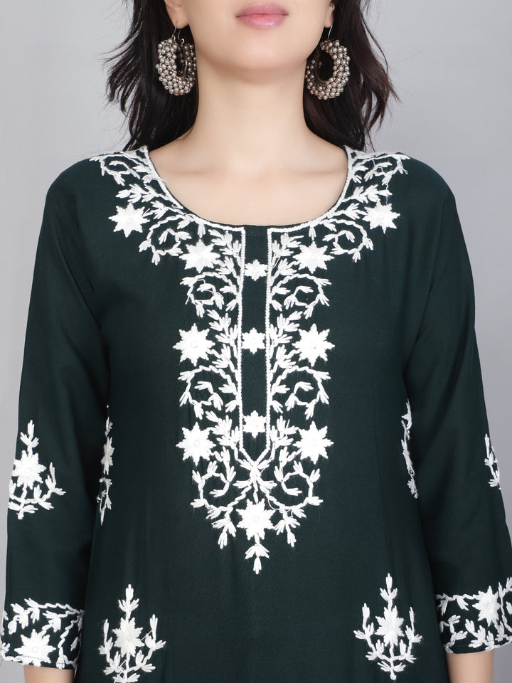 Hand Embroidered Lucknowi Kurti | Elegant Rayon Long Kurta for Women