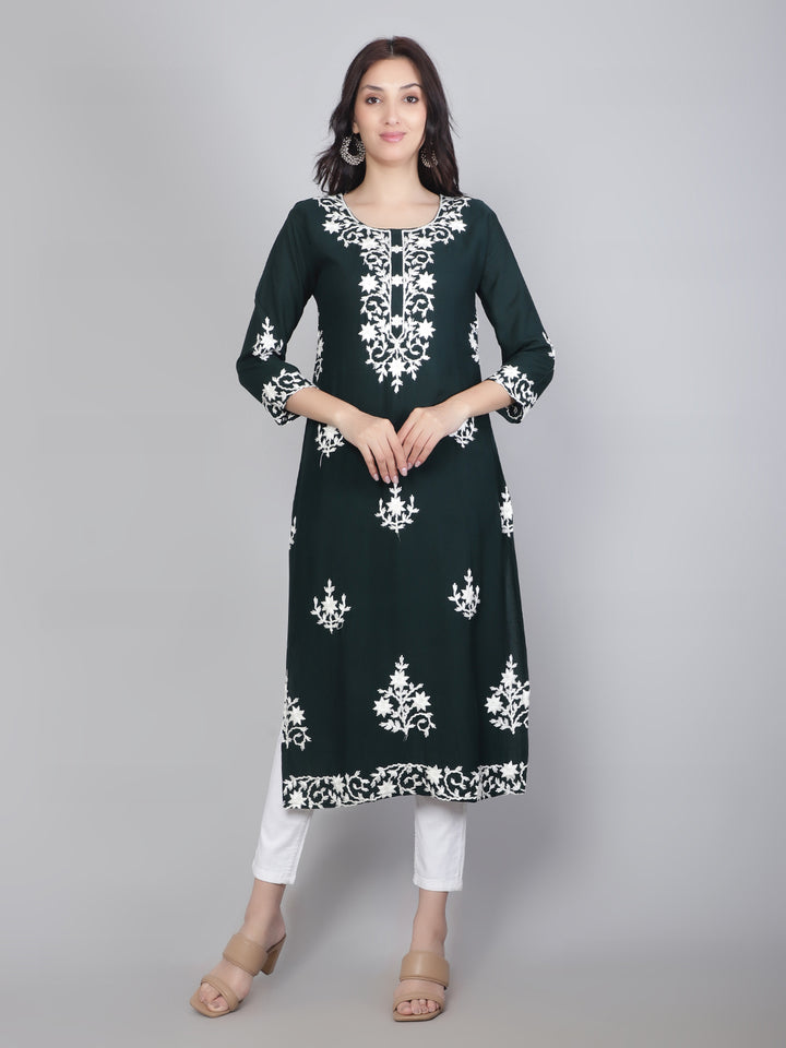 Hand Embroidered Lucknowi Kurti | Elegant Rayon Long Kurta for Women