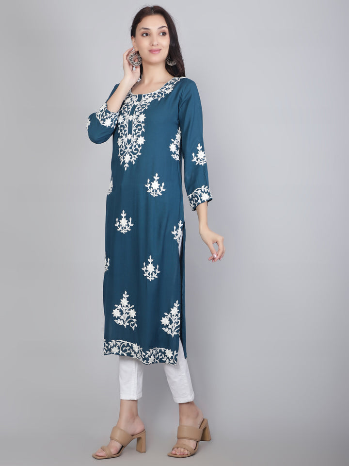 Hand Embroidered Lucknowi Kurti | Elegant Rayon Long Kurta for Women