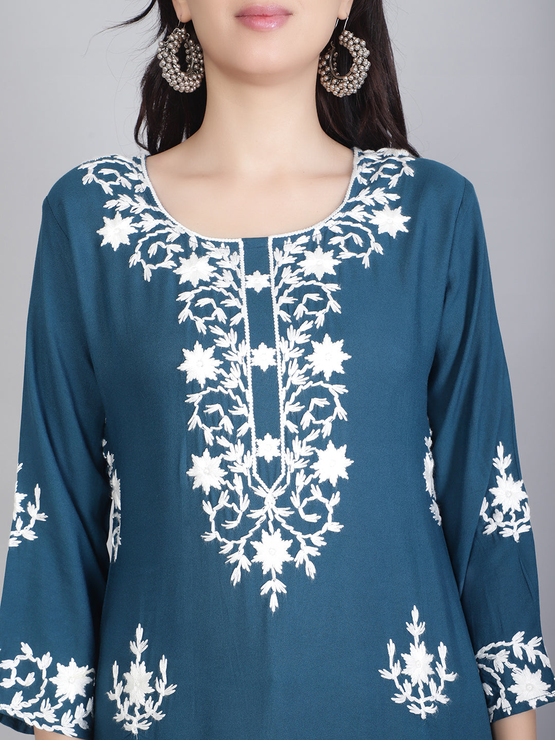 Hand Embroidered Lucknowi Kurti | Elegant Rayon Long Kurta for Women