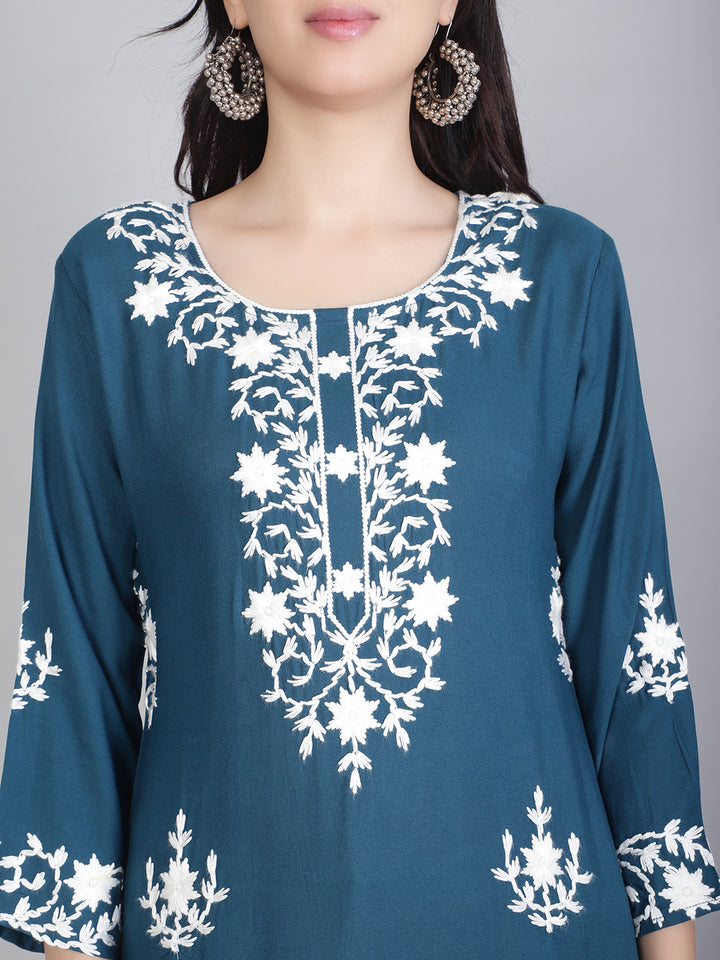 Hand Embroidered Lucknowi Kurti | Elegant Rayon Long Kurta for Women