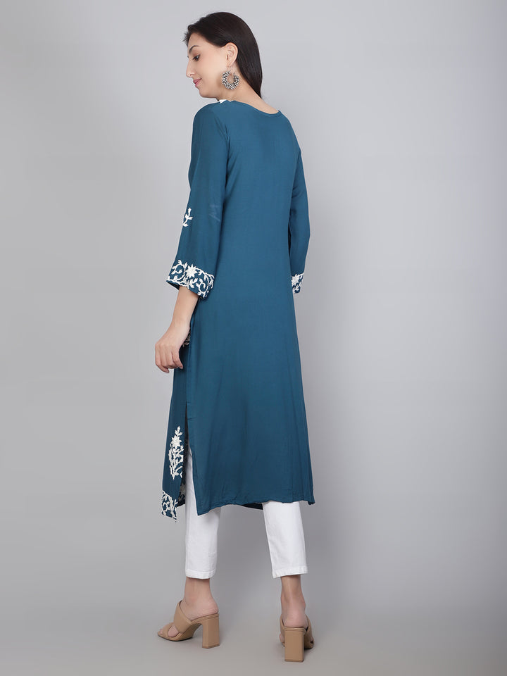Hand Embroidered Lucknowi Kurti | Elegant Rayon Long Kurta for Women