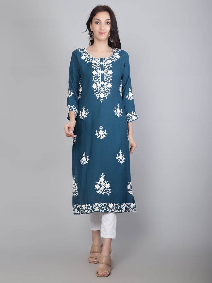 Hand Embroidered Lucknowi Kurti | Elegant Rayon Long Kurta for Women