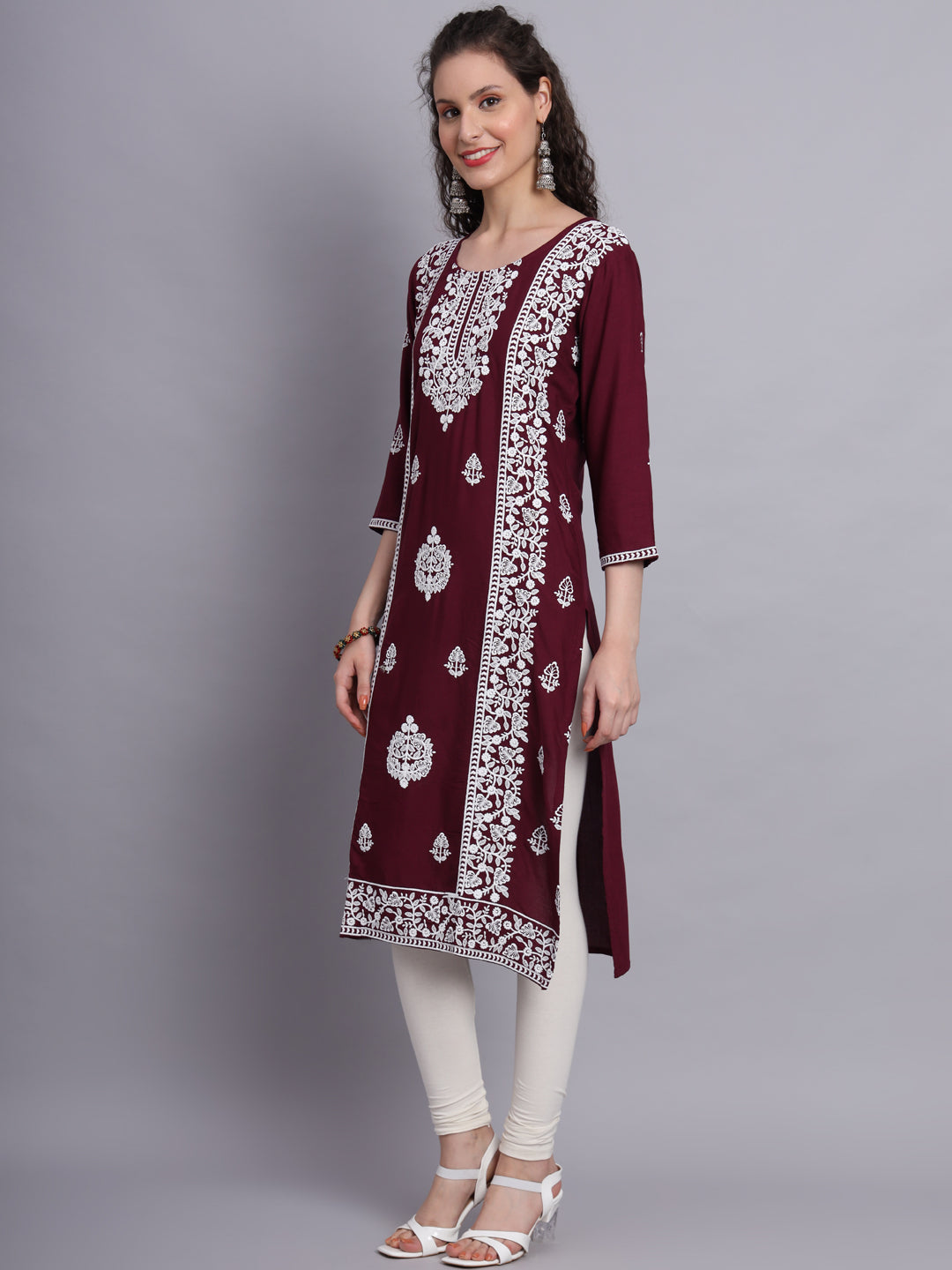 Embroidered Rayon Straight Kurta | Elegant Lucknowi Office Wear Kurti