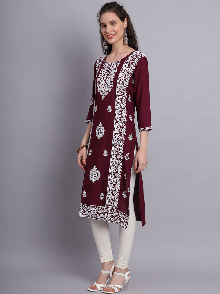 Embroidered Rayon Straight Kurta | Elegant Lucknowi Office Wear Kurti