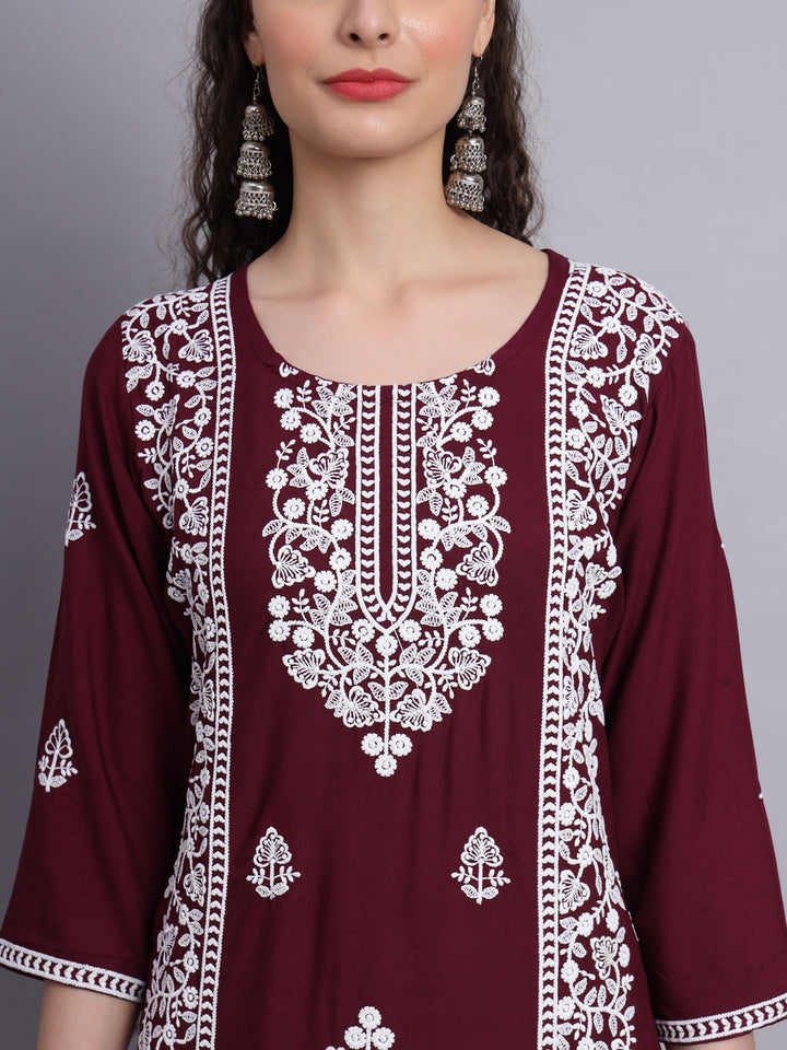 Embroidered Rayon Straight Kurta | Elegant Lucknowi Office Wear Kurti