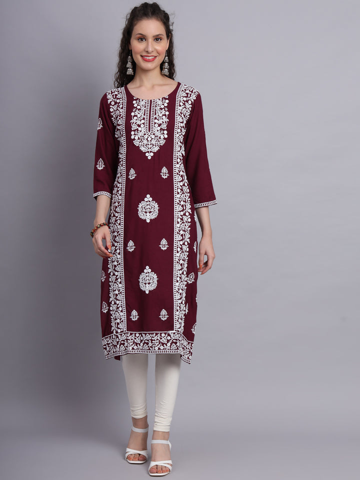 Embroidered Rayon Straight Kurta | Elegant Lucknowi Office Wear Kurti