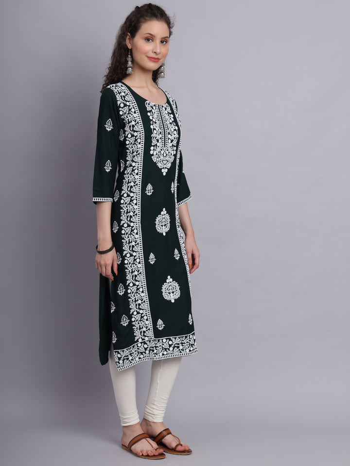 Embroidered Rayon Straight Kurta | Elegant Lucknowi Office Wear Kurti