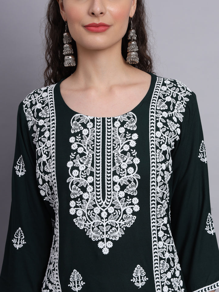 Embroidered Rayon Straight Kurta | Elegant Lucknowi Office Wear Kurti