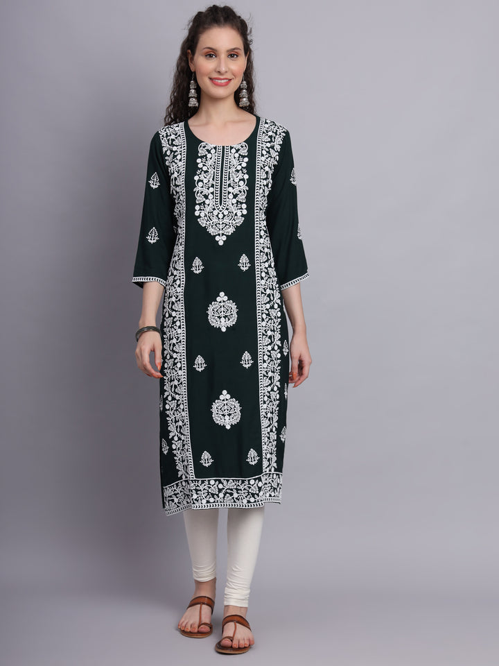 Embroidered Rayon Straight Kurta | Elegant Lucknowi Office Wear Kurti