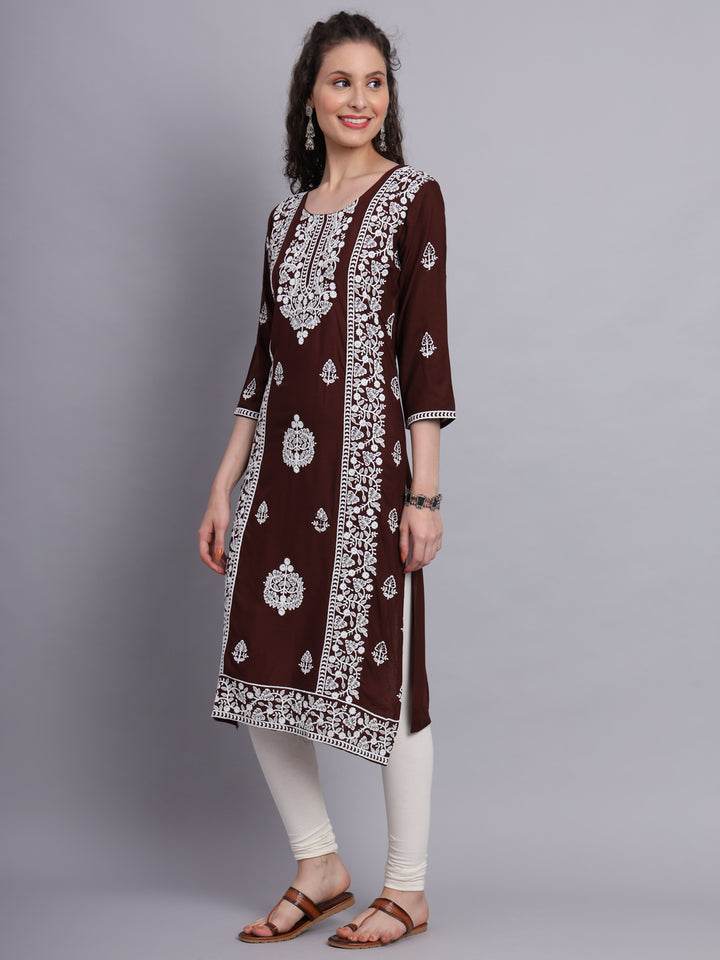 Embroidered Rayon Straight Kurta | Elegant Lucknowi Office Wear Kurti