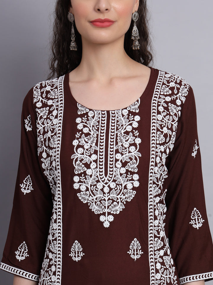 Embroidered Rayon Straight Kurta | Elegant Lucknowi Office Wear Kurti