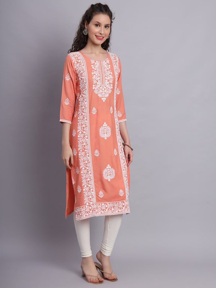 Embroidered Rayon Straight Kurta | Elegant Lucknowi Office Wear Kurti