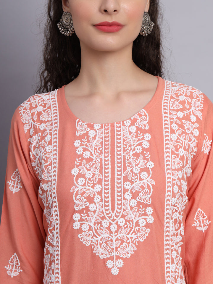 Embroidered Rayon Straight Kurta | Elegant Lucknowi Office Wear Kurti