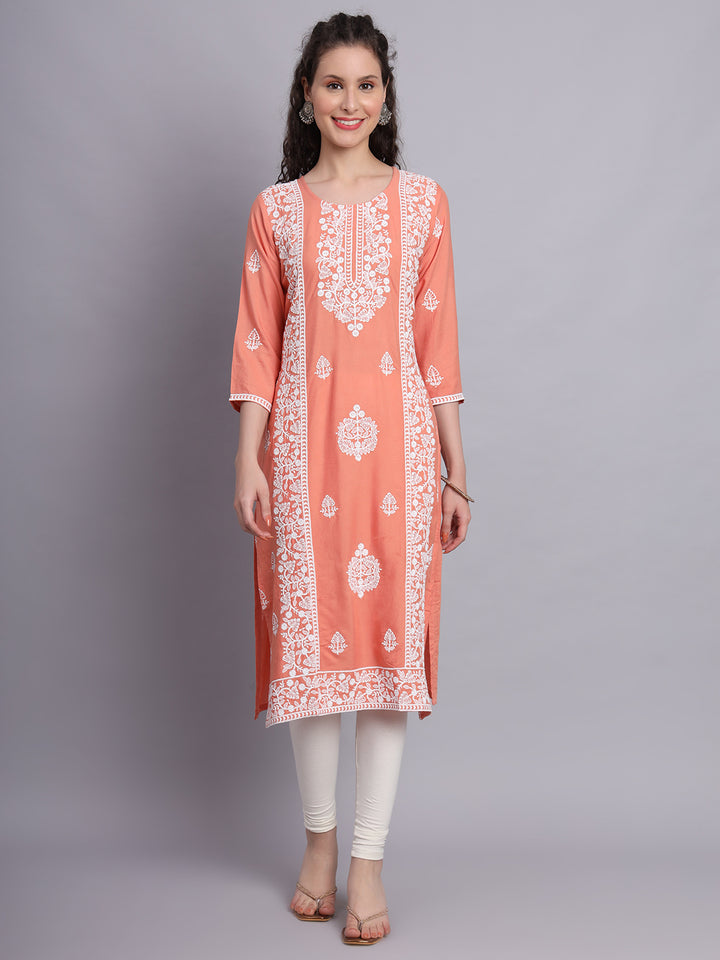 Embroidered Rayon Straight Kurta | Elegant Lucknowi Office Wear Kurti