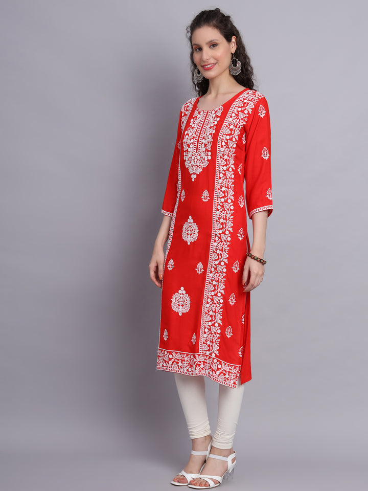 Embroidered Rayon Straight Kurta | Elegant Lucknowi Office Wear Kurti