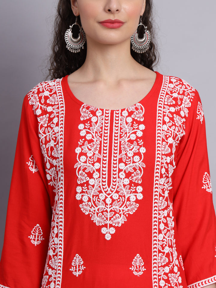 Embroidered Rayon Straight Kurta | Elegant Lucknowi Office Wear Kurti