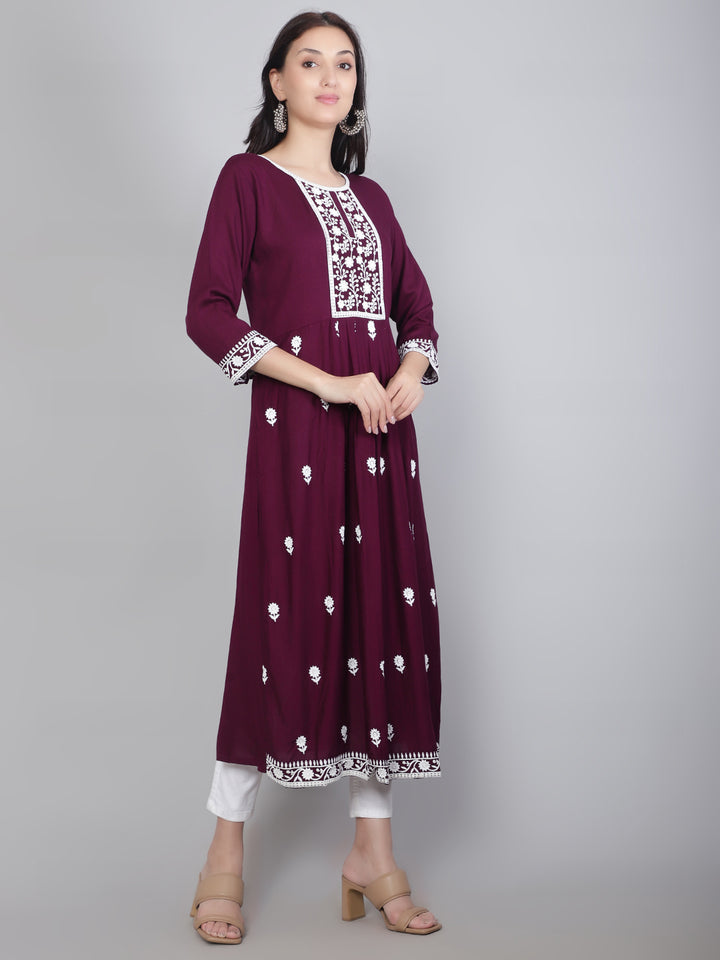 Embroidered Flared Round-Neck Kurta | Stylish Lucknowi Long Kurti for Women