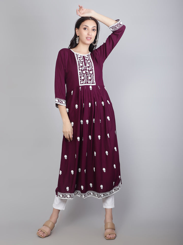 Embroidered Flared Round-Neck Kurta | Stylish Lucknowi Long Kurti for Women