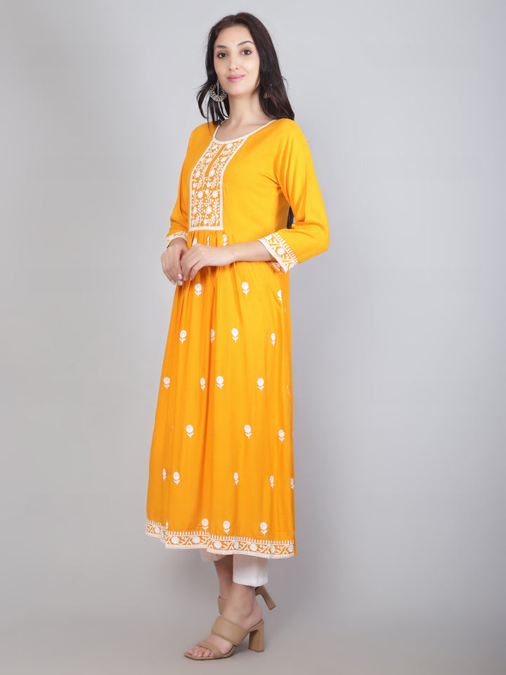 Embroidered Flared Round-Neck Kurta | Stylish Lucknowi Long Kurti for Women