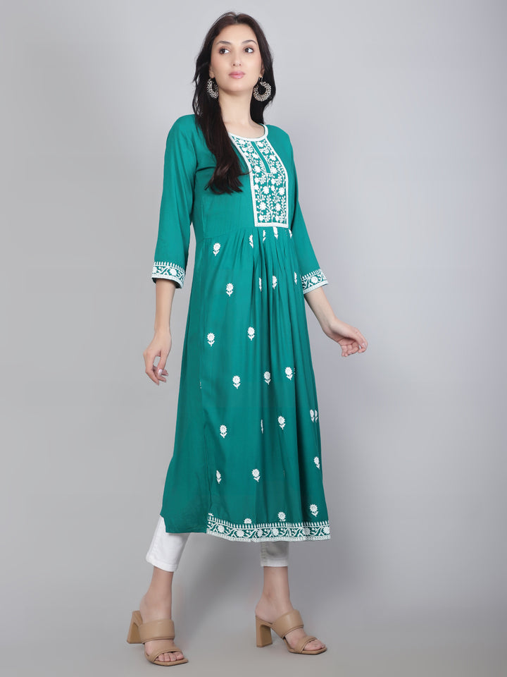 Embroidered Flared Round-Neck Kurta | Stylish Lucknowi Long Kurti for Women