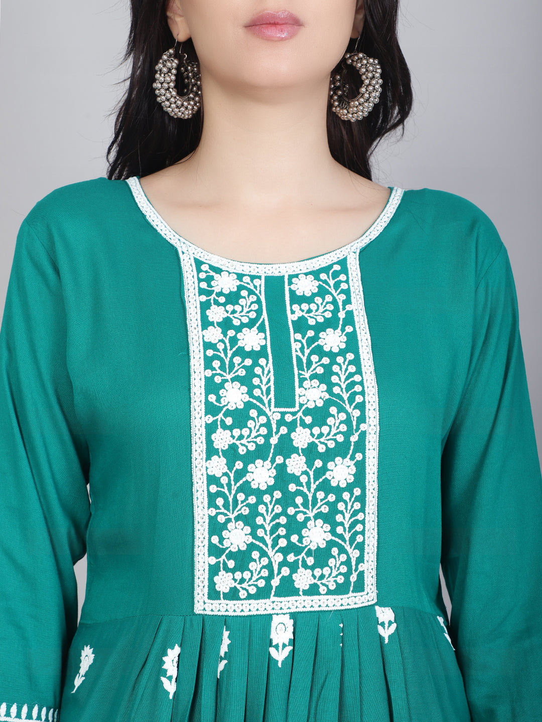 Embroidered Flared Round-Neck Kurta | Stylish Lucknowi Long Kurti for Women