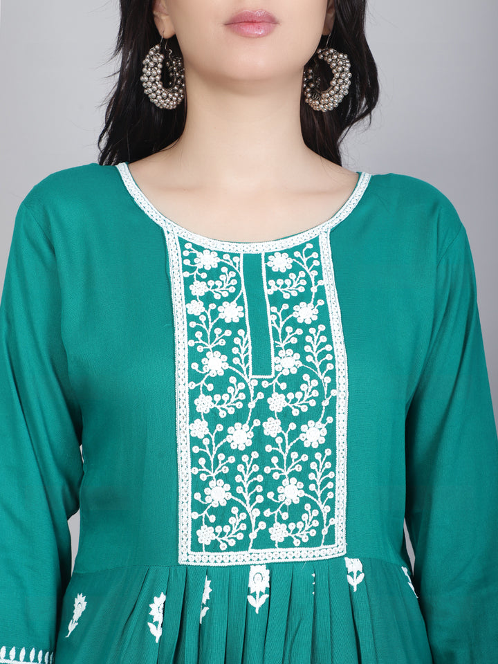 Embroidered Flared Round-Neck Kurta | Stylish Lucknowi Long Kurti for Women