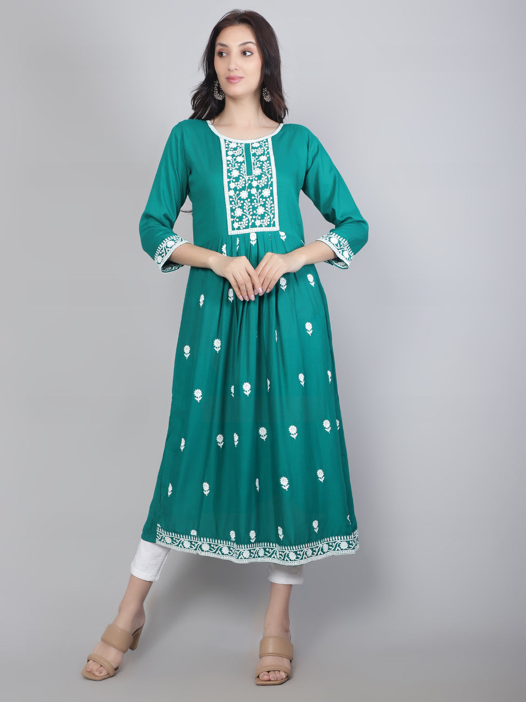 Embroidered Flared Round-Neck Kurta | Stylish Lucknowi Long Kurti for Women