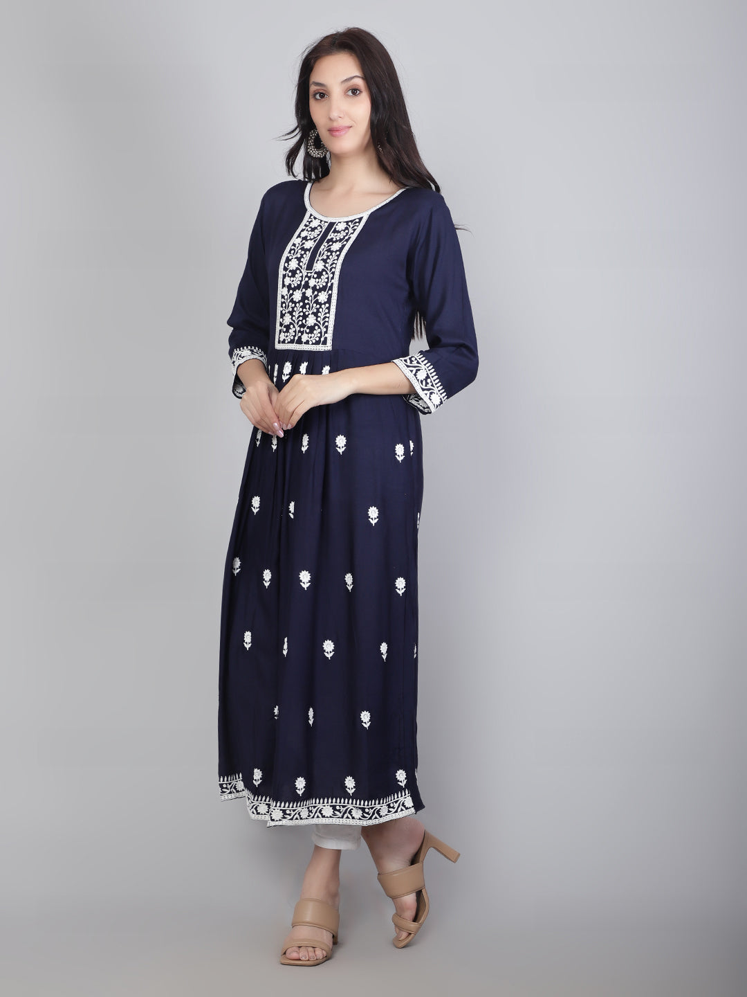 Embroidered Flared Round-Neck Kurta | Stylish Lucknowi Long Kurti for Women