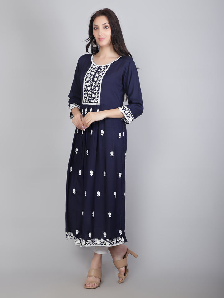 Embroidered Flared Round-Neck Kurta | Stylish Lucknowi Long Kurti for Women
