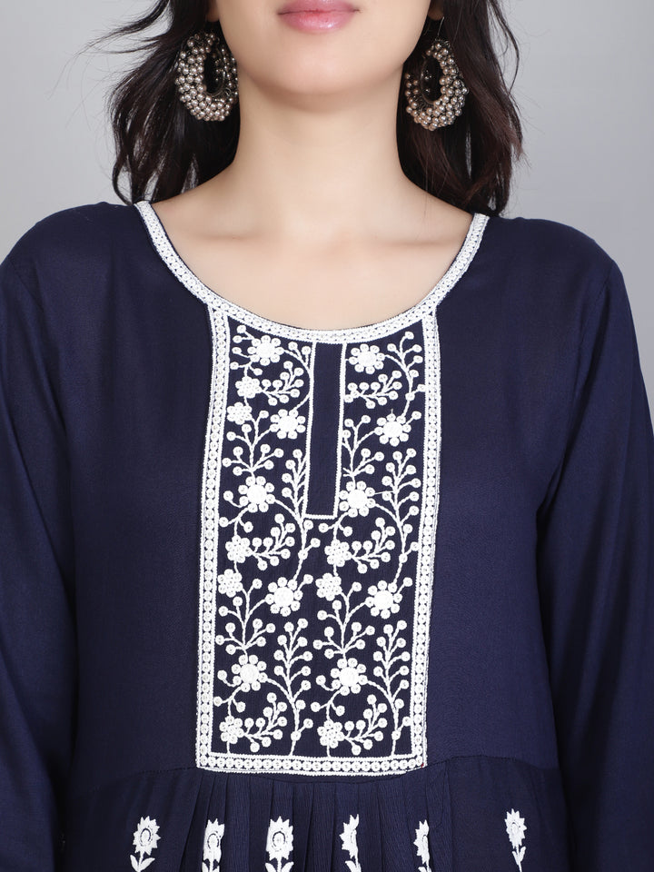 Embroidered Flared Round-Neck Kurta | Stylish Lucknowi Long Kurti for Women