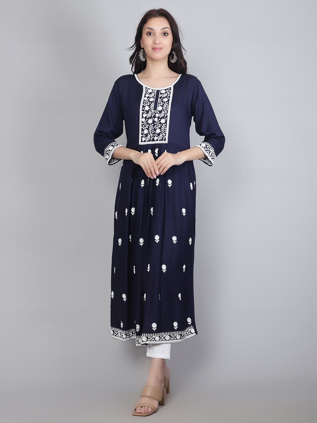 Embroidered Flared Round-Neck Kurta | Stylish Lucknowi Long Kurti for Women