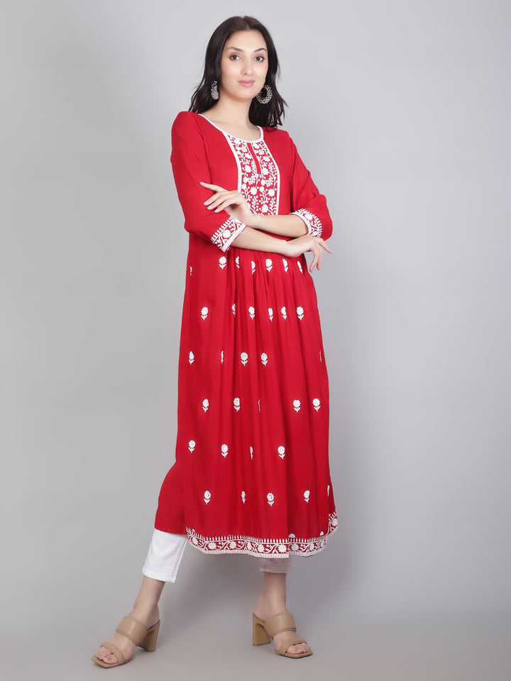 Embroidered Flared Round-Neck Kurta | Stylish Lucknowi Long Kurti for Women