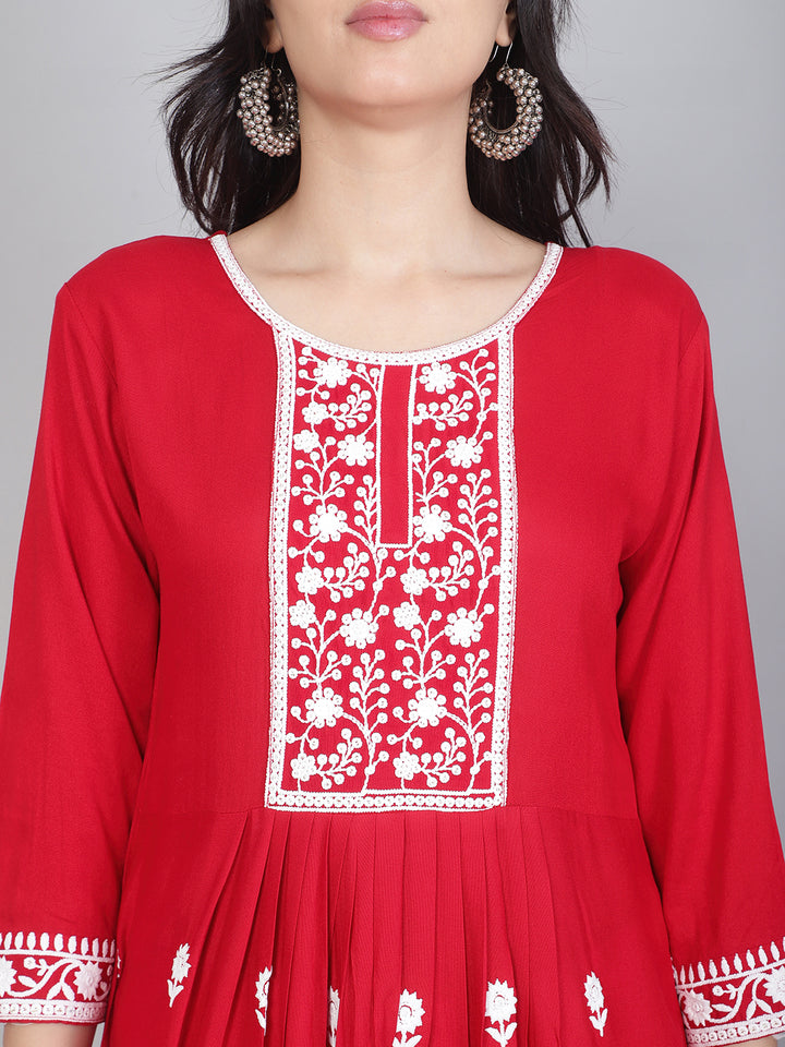 Embroidered Flared Round-Neck Kurta | Stylish Lucknowi Long Kurti for Women