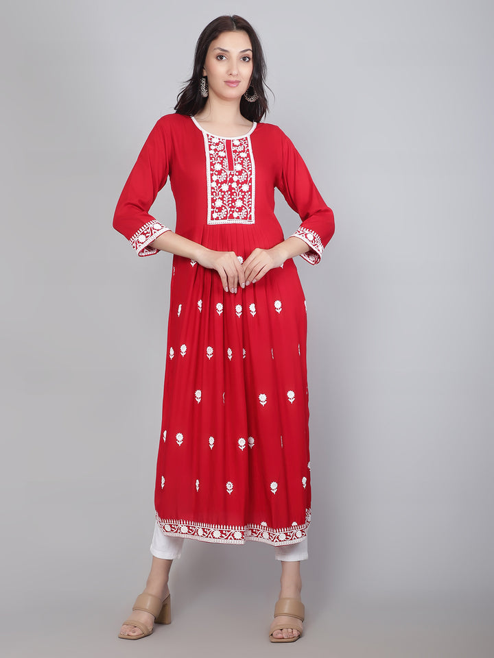 Embroidered Flared Round-Neck Kurta | Stylish Lucknowi Long Kurti for Women