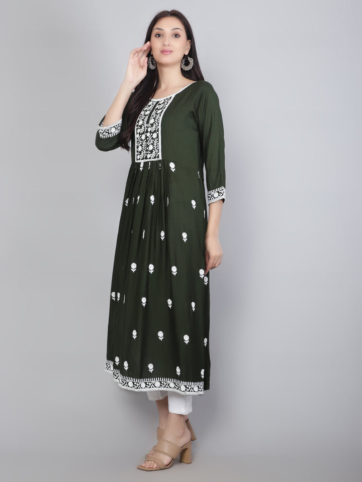 Embroidered Flared Round-Neck Kurta | Stylish Lucknowi Long Kurti for Women