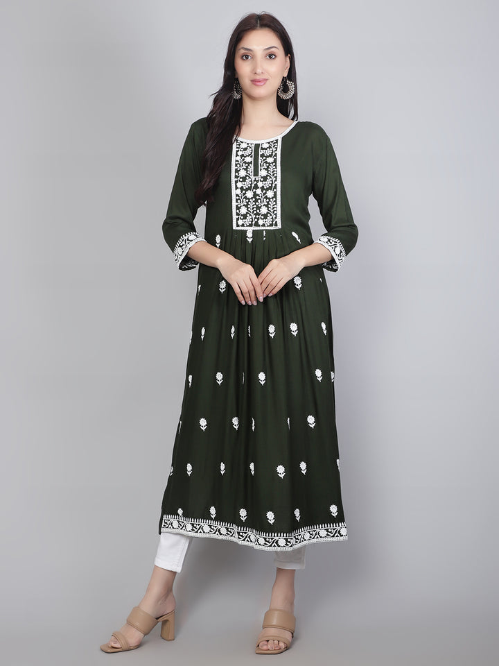 Embroidered Flared Round-Neck Kurta | Stylish Lucknowi Long Kurti for Women