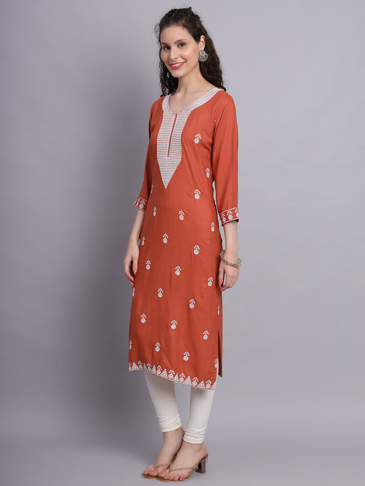 Embroidered Rayon Straight Kurta | Elegant Lucknowi Chickenkari Kurti